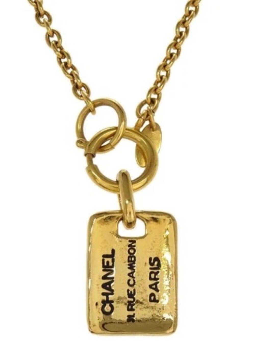 Chanel Rectangle Chain Necklace Pendant Gold 188933